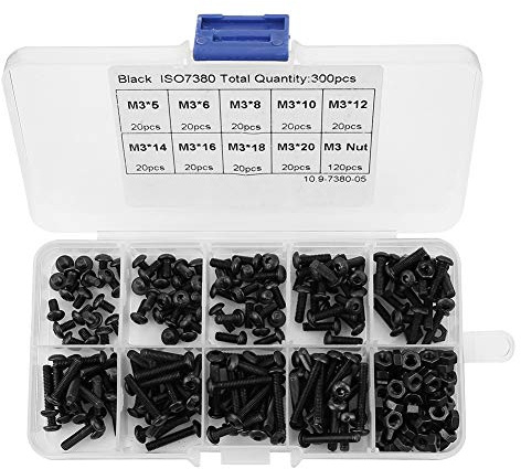 Regun 300 Stücke M3 Schrauben und Muttern Sortiment Kit, 10.9 Grad Halbrundkopf Innensechskant Schrauben und Muttern Set Schwarz