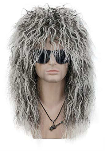 VGbeaty 70-tal 80-tal hockeyperuk – lång lockig glam punk rock peruk för män och kvinnor – grå gradient vit – maskeraddräkt halloween cosplay