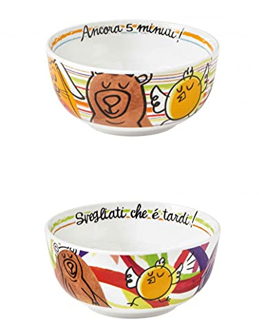 Brandani 52157 Ciotola Colazione Allegra Combriccola Set 2 Pezzi Porcellana Simpatici decori di frutta, ortaggi e animali, in assortiti colori Capacita 250 ml d 13,5x6,5h cm