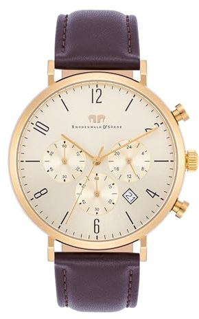 Rhodenwald & Söhne Herren Uhr Chronograph Edelstahl Gelbgold Quarzwerk | Armbanduhr,analog,5 ATM,Echtlederarmband,braun,Mineralglas,Datum/24-Stunden-Anzeige/Stopp-Uhr,Strichindizes/Arabische Zahlen