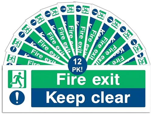 Fire Exit Keep Clear Sign - Multipack 1/2/3/6/12 - Safety Signs - 30x10cm Self Adhesive Vinyl Sticker, Easy Application Fire Door Emergency Exit Signage (12)