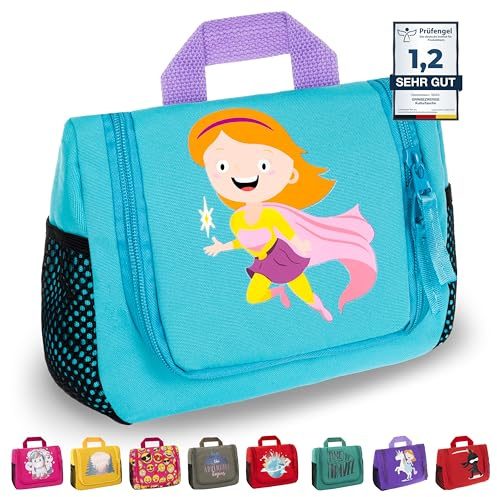 GRINSEZWERGE Kinder Kulturtasche | Reise Kulturbeutel zum Aufhängen | Kosmetiktasche Waschbeutel Waschtasche Reisetasche Schminktasche Kosmetik Beutel Reisezubehör