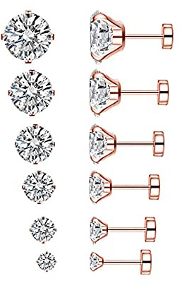 20g Rose Gold Plated Stainless Steel CZ Helix Studs Earrings for Women Men Body Piercing Cartilage Ear Cubic Zirconia Piercings Tragus Flat Screw Backs Jewelry 0.8 * 6 2/3/4/5/6/7mm 6 Pairs Set