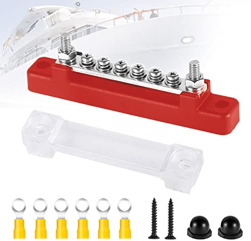 SYULCR Morsetti Elettrici Distribuzione Bus Bar, Connettori Elettrici 6 Borchie 150A 48V DC, Morsettiera Distribuzione con 6 morsettiera e Copertura Protettiva per Camion, Roulotte, Autobus, Barca
