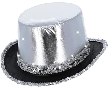 Smiffys Sombrero de copa metalizado con luz LED, plateado, Borde interior elástico y ala con lentejuelas