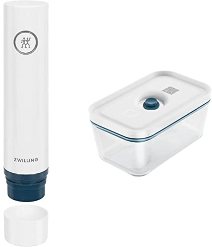 ZWILLING Fresh & Save Vakuumpumpe, handliches Vakuumgerät, Weiß-La Mer & Fresh & Save Vakuumbox, Größe M, Glas, La Mer