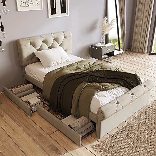 Bett 90X200, Bett mit Schubladen Natürlich Metall und Holz mit 2 Schubladen Höhenverstellbarem Kopfteil Funktionsbett (Ohne Matratze)