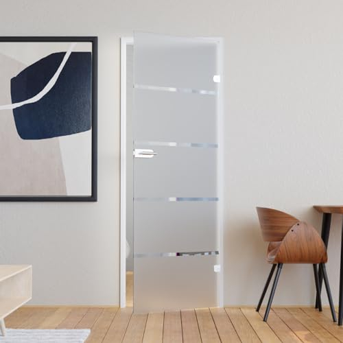 Glastür Komplettset mit Beschlag 709 x 1972 mm Milchglas Streifen - Glastüren aus ESG Glas 8mm satiniert - Innentür Glas mit Türgriff Edelstahl eckig unverschließbar DIN rechts