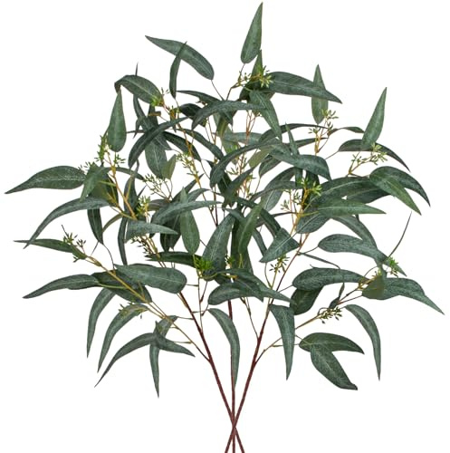 3PCS Kunststoff Pflanzen künstliche Eukalyptusblätter grün, 34'' langer Stiel gefälschte Eukalyptuszweige mit Früchten, Faux Greenery Arrangement für Frühlingsdekoration, Heimdekoration, Vase Dekor