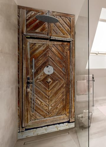 Wallario Selbstklebende Duschrückwand 80 x 200 cm mit Motiv Alte Holztür mit diagonalem Muster - Wandverkleidung Fließenersatz mit Hochglanzlaminat in Glasoptik