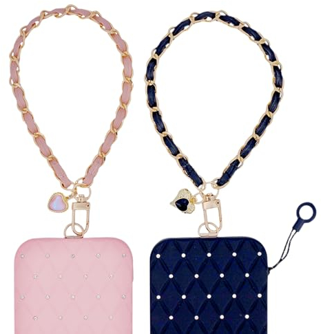 AHABIPERS Handykette Kurz Universal, Leder&Metall Handyanhänger, Handy Schlüsselband, Handschlaufe, Handygurt, Handyband, Kompatibel mit iPhone/Samsung/Jedem Handy/Tasten, 2 Stück - Schwarz&Rosa