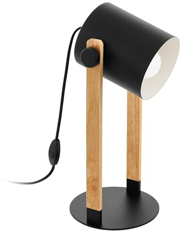 EGLO Tischlampe Hornwood, Vintage Tischleuchte im Industrial Design | Retro Nachttischlampe aus Stahl und Holz, Farbe Schwarz, creme, braun, FSC zertifiziert, Fassung E27, inkl. Schalter