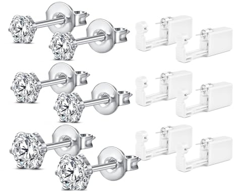 WillTen 6 st öronpiercingkit i silver, guld, engångs öronpiercingkit med öronpiercing, öronpiercingpistol, kit med inbyggda dubbar, piercingkit, piercingpistol, självpiercingpistol