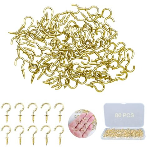 ZFKXGS 80 Pezzi Ganci a Vite Piccoli 1/2 Pollice Dorato Ganci Avvitabili a Metallo Gancio a Vite Soffitto per Superfici Plastica Legno Appendere Piante Decorazioni Artistiche Natalizie (con Scatola)