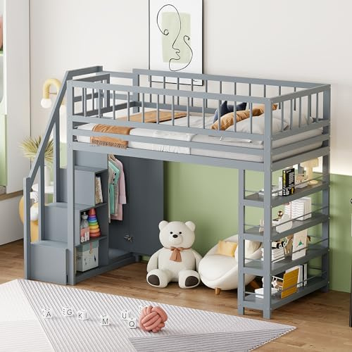 WIZBED Hochbett 90x200 mit Kleiderschrank, Regalen und Treppe, Kinderbetten Stauraumbett für Kinder, Funktionsbett Etagenbett Stockbett Jugendbett, ohne Matratze (Gray)