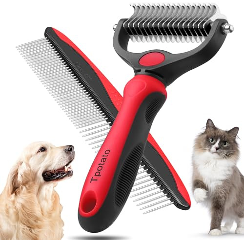 Tpotato Deshedding Dog Brush for Long Haired Dogs Cats,Undercoat Shedding Rake for Dematting Detangling Tangles Matted Fur and Knots,Metal Pet Comb,Professional Pet Grooming Supplies Tool Kit,Red