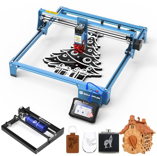 SCULPFUN S-10 10W Lasergravurmaschine mit Laser Rotationswalze und TS1 Touchscreen, 0,01 mm Gravurgenauigkeit CNC Lasergravierer für Holz/Vinyl/Metall/Leder, 0,08 mm ultrafeiner Laserpunkt