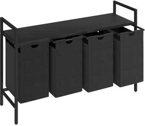 STEELSØN Rigil Wäschesammler, 4 Fächer mit 1 Ablage, Schwarz | Wäschekorb, 4x 40 L Wäscheboxen, Metall Wäschesortierer, ausziehbare & herausnehmbare Wäschesäcke, Schmutzwäschebehälter
