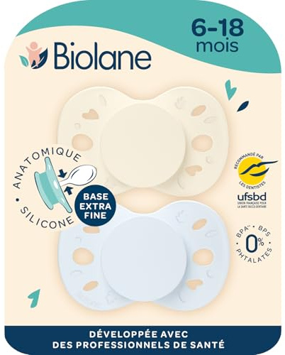 BIOLANE - Tétines anatomiques - Sucettes extra-fines - 6 à 18 mois - Bleu et Beige - Téterelle plate et réversible- Confort optimal- Respect du développement bucco-dentaire