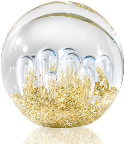 Pisapapeles Bola de Vidrio Soplado a Mano – Decoración Olas Doradas para Hogar/Oficina, Adorno Acuario, Regalo Artístico de Colección
