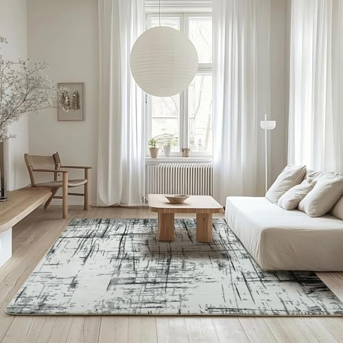 Calore Teppich Wohnzimmer Kurzflor Teppich Schlafzimmer rutschfest Weich Moderner Wohnzimmerteppich Große Teppiche (Abstrakt grau/weiß/schwarz, 160 x 200 cm)