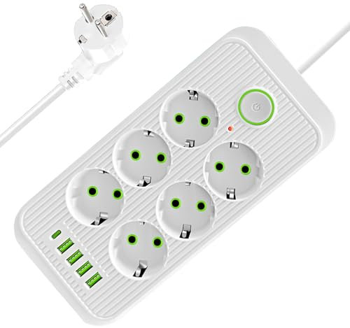 Anluomafuy Multiprise 6 prises avec 1 type C et 4 USB, rallonge 11 en 1, câble de 2 m, multiprise avec interrupteur à bouton-pression, 10 A 2500 W, prise de distribution pour la maison, le bureau