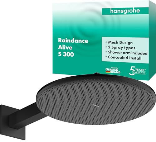 hansgrohe Raindance Alive S - wassersparende Kopfbrause (EcoSmart) mit Brausearm, Duschbrause, Regendusche mit 2 Strahlarten für Wandmontage, Brausekopf, Antikalk-Funktion, Mattschwarz, 24541670