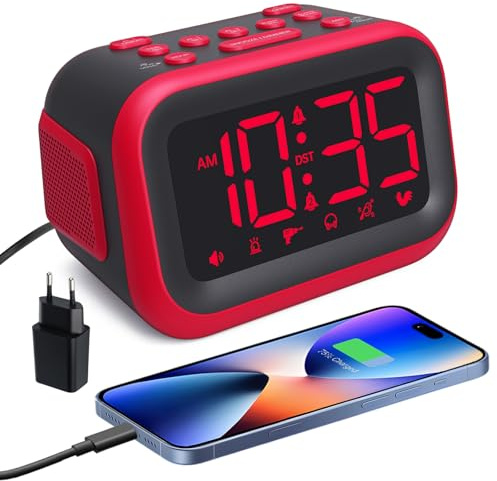 Sveglia Digitale da Comodino: 115dB Sveglia forte Sonno Pesantissimo 2 Allarme 6 Livelli di Luminosità Controllo Vocale 6 Suoni Natura Snooze e 12/24 Ore DST Orologio da Tavolo Digitale a Corrente