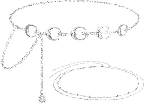 2 Pcs Adjustable Metal Chain Belts, Womens Moon Multilayer Waist Chain Fashion for Dresses Adjustable Body Belly Chain Long Waist Belt for Jeans Trousers Dresses