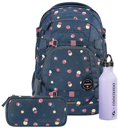 Coocazoo Schulrucksack-Set Mate „Bubble Dreams“ 3-teilig, lila-rosa, ergonomischer 30L Tornister, mit Brust- und Hüftgurt für Kinder ab der 5. Klasse, inkl. Mäppchen und Edelstahl-Trinkflasche