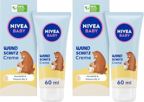NIVEA Baby Wundschutzcreme, Babycreme lindert Rötungen im Windelbereich, hypoallergene Baby Feuchtigkeitscreme mit natürlichem Mandelöl, Panthenol, Zinkoxid + Vitamin E für zarte Babyhaut (60 ml)
