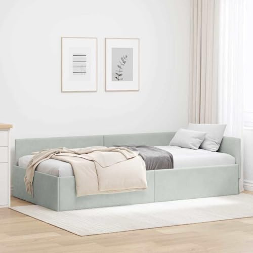 QZZCED Modernes Eck-Bettgestell mit verstellbarem Kopfteil und Samtstruktur, robuster Holzrahmen und rechteckigem Design, Hellgrau, Maße 80 x 200 cm