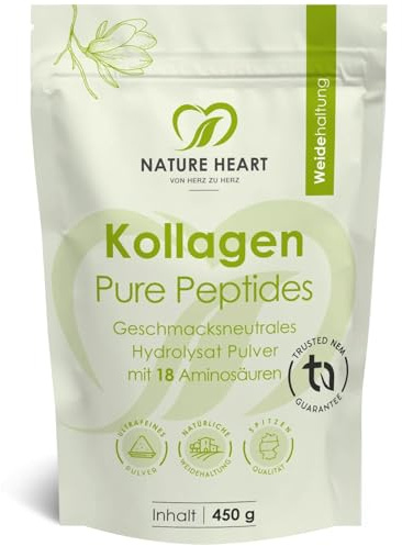Nature Heart Kollagen Pure Peptides Pulver 450g – hydrolysiertes Kollagen Typ I aus Weidehaltung – geschmacksneutral, löslich mit über 91% Protein