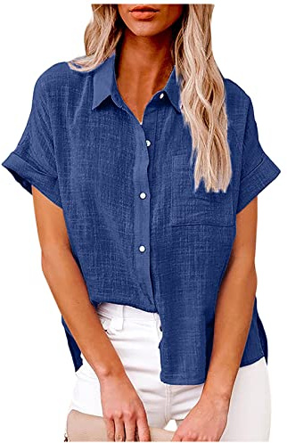 Camicia Cotone e Lino Donna Camicie Casual in Lino con Bottoni Maglietta Maniche Corte e Colletto a Revers in Tinta Unita Leggera Blusa Comoda e Traspirante per L'Estate Camicetta da Donna alla Moda