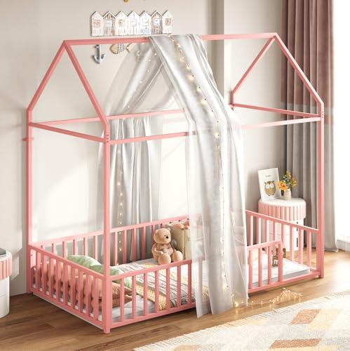 LIKIMIO Twin Floor Bed with Roof and Fence Guardrails, Pink | House Bed Frame, Low-Profile Floor Bed Design, Sturdy Metal Frame Construction