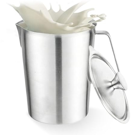 Vaso medidor de acero inoxidable 2000 ml con tapa, vaso medidor de acero inoxidable 304 con mango y escala, jarra de leche apta para lavavajillas, resistente vaso espumador de leche para cocina