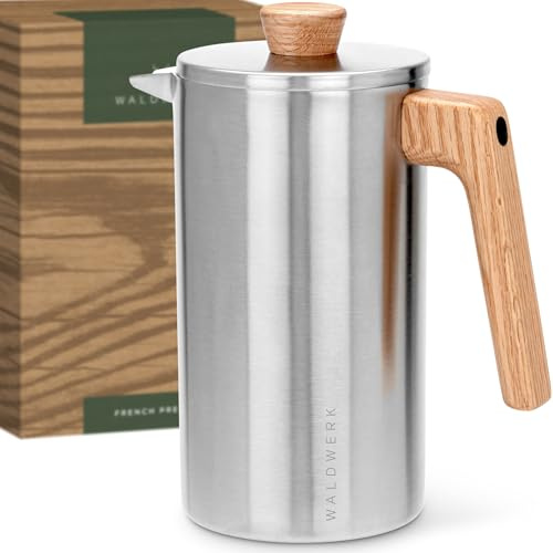 WALDWERK Cafetiere (1 L) - French Press - Non-Toxic Stainless Steel Double Wall - Cafetiere 4 Cup - Plastic Free with Oak Wood Handle - Coffee Press - Insulated Stainless Steel Coffee Pot