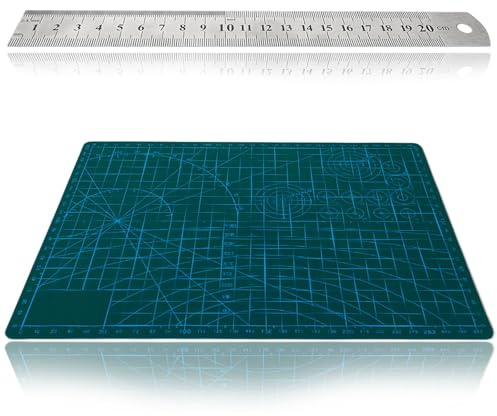 A4 Self Healing Cutting Mat, Double-Sided Craft Mat with 20cm Ruler | 3mm Thick Non-Slip Grid, 20cm Metal Ruler Included, Sewing Quilting Scrapbooking, Double-Sided A4 Craft Mat