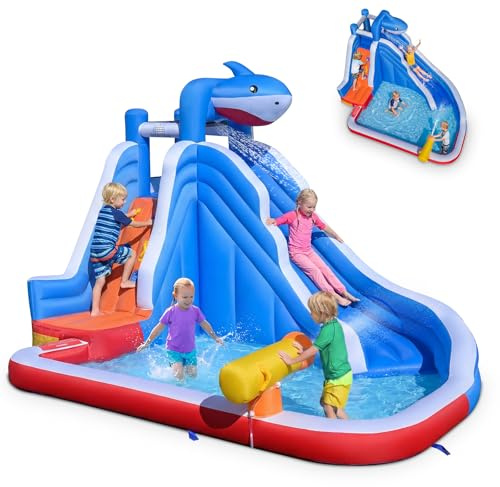 COSTWAY Château Gonflable en Forme Requin avec Toboggan Aquatique et Piscine à Éclaboussures, Aire de Jeux Gonflable avec Mur d’Escalade et Canon à Eau, Intérieur Extérieur, Charge 90kg, 3-12 Ans