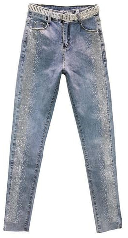 EWFAS Jean Slim Femme Taille Haute Denim Bleu Clair délavé décor Strass Brillants Motif Chevron pendentifs frangés Jambe Courte Carotte Chic Sortie soirée Concert Festival Tenue Glamour Cache rondeur