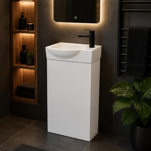 Built Right Bathroom Vanity Unit with Ceramic Basin, White Gloss Floor Standing PVC Bathroom Cabinet, Fully Assembled Soft Close Storage Unit No Tap and waste (400 Single Door)