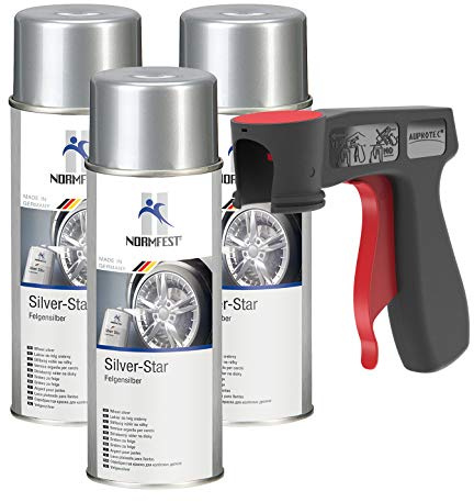AUPROTEC Pistolengriff + Lackspray Silver Star Felgen Silber Spray Sprühlack Felgenlack Autolack 3x 400ml