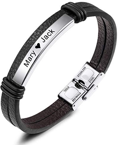 MeMeDIY Name Armband Personalisierte Armbänder für Frauen Armbänder für Jungen Männer Mädchen Edelstahl Echtes Leder Gravur Geflochtene Manschette Einstellbar