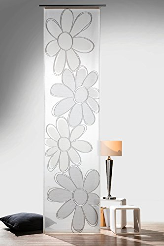 heimtexland ® Flächenvorhang Blume auf Natur Batist gewebt inkl. Zubehör 60 x 245 cm in anthrazit grau halbtransparent ..passt an Jede Schiene Schiebegardine Gardine Ökotex Typ569