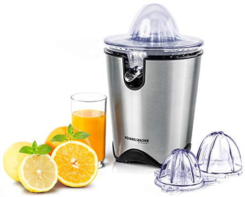ROMMELSBACHER Exprimidor de cítricos ZP 60/E – Motor potente/silencioso, colador de acero inoxidable, boquilla plegable, antigoteo, 2 conos de prensado (para frutas grandes y pequeñas), 100 W, acero