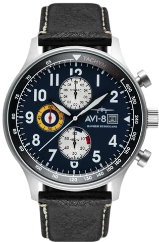AVI-8 Hawker Hurricane Montre pour Homme – Boîtier en Acier Inoxydable de 43,5 mm, Mouvement à Quartz Japonais, Bracelet en Cuir, Chronographe Militaire Classique, Nuit Noire – AV-4011-0I