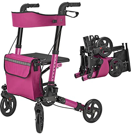 Juskys Rollator Vital lila - Gehhilfe faltbar & leicht aus Aluminium bis 130 kg - Laufhilfe höhenverstellbar mit Sitz, Tasche & Regenschirmhalterung