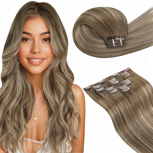 LaaVoo Clip in Extensions Echthaar Ombre Braun Extensions Clips Echthaar Glatt Clips in Extensions Hellbraun Balayage Goldene Blondine 40cm 7pcs 105g #8/16/8