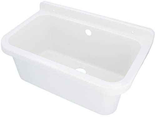 HYDROLAND Ausgussbecken Waschbecken mit Überlauf 55 x 34 x 21 Weiß | Komplett mit Siphon Kunststoff Ablaufgarnitur Spüle Garten Waschtisch Spülbecken Wandmontage Handwaschbecken Set Gartenwaschbecken