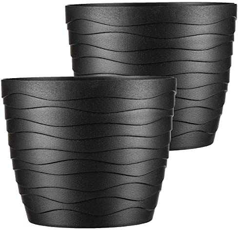 Tymar Blumentopf, 2er-Pack, runde Form, Pflanzgefäß, Pflanzkübel für Innen, Pflanztopf aus Kunststoff, Leichter, Doppelpack,mit 3D-Wellendesign (17 cm, Schwarz)